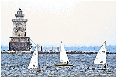 Sailing around Stamford Harbor Light in the fog. Digi paint.